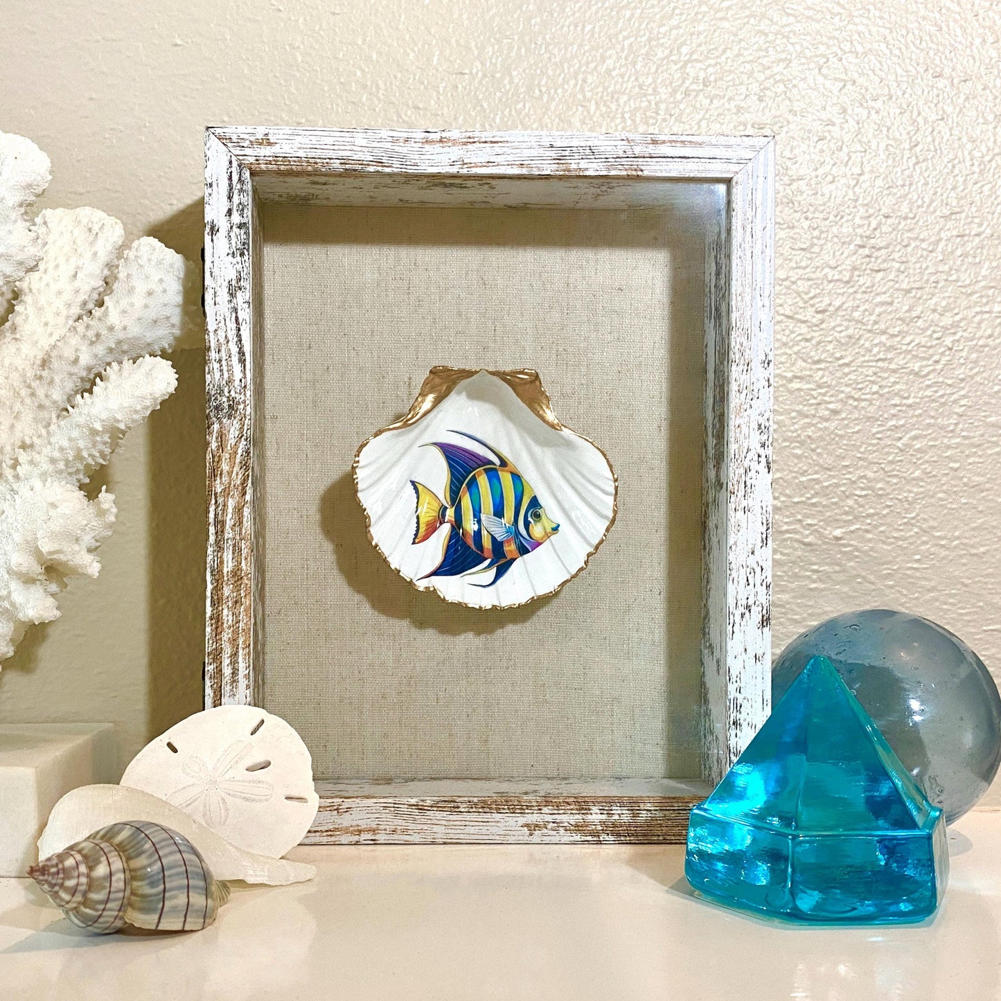 Coastal Wall Art Framed Decoupage Scallop Shell – Beach House Decor
