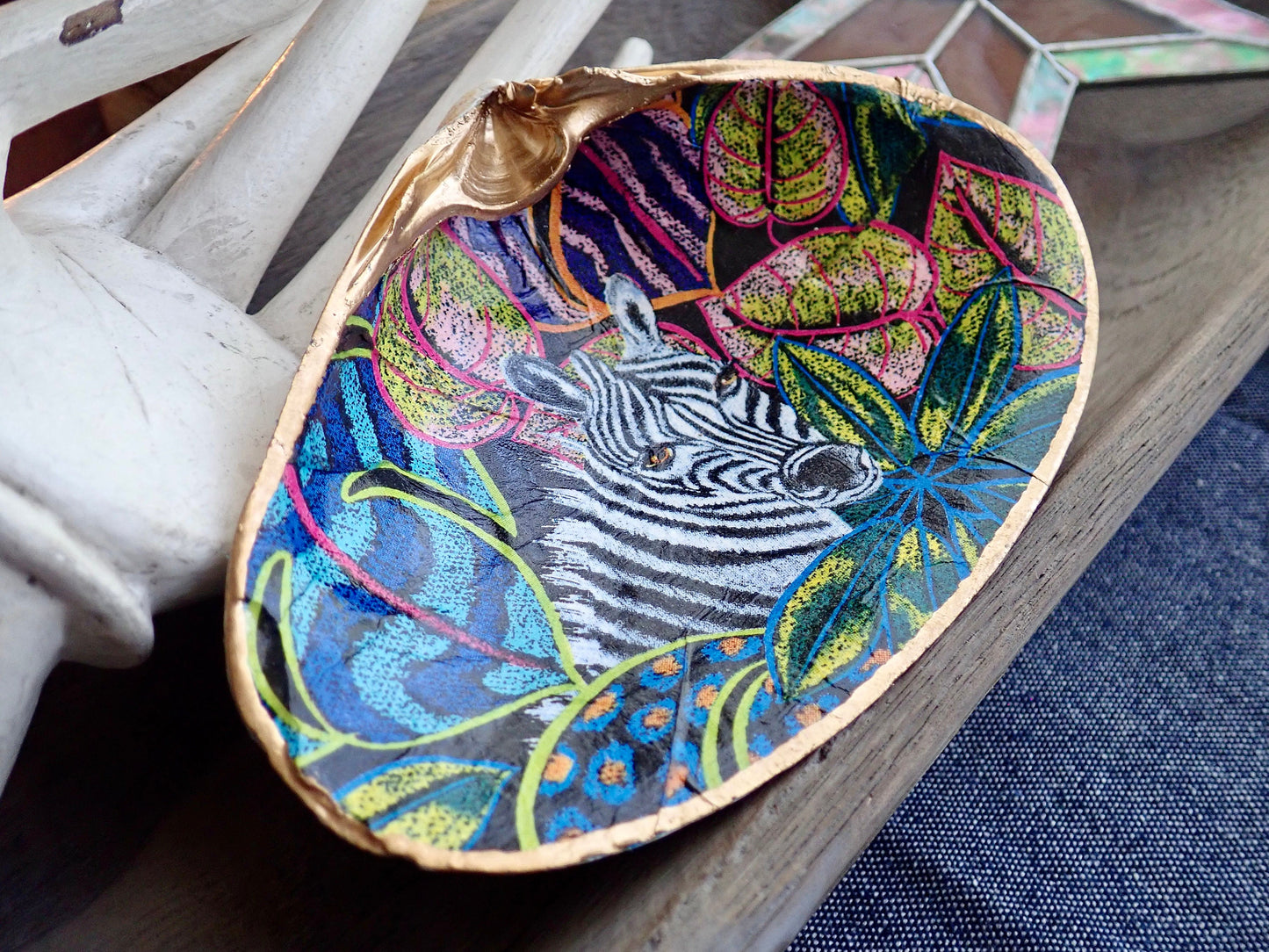 Decoupage Clam Shell Jewelry Dish – Tropical Zebra Design, Coastal Home Decor