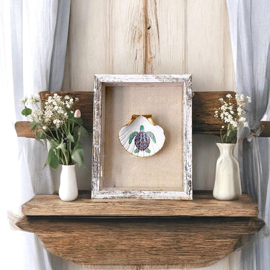 Coastal Wall Art Framed Decoupage Scallop Shell  – Beach House Decor