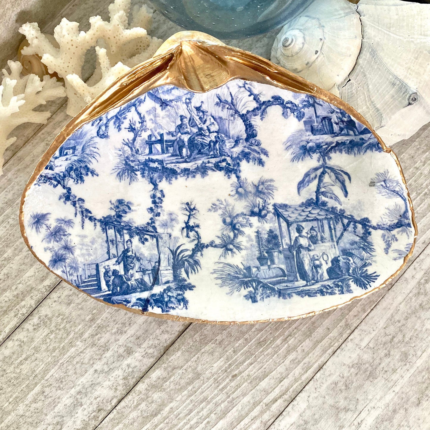 Blue & White Decoupage Clam Shell Trinket Dish Chinoiserie Art