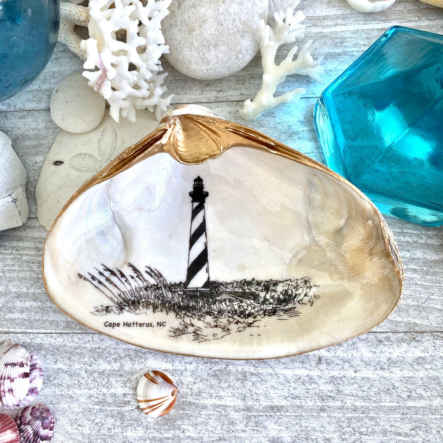 Decoupage Clam Shell Trinket Dish Cape Hatteras Lighthouse Art