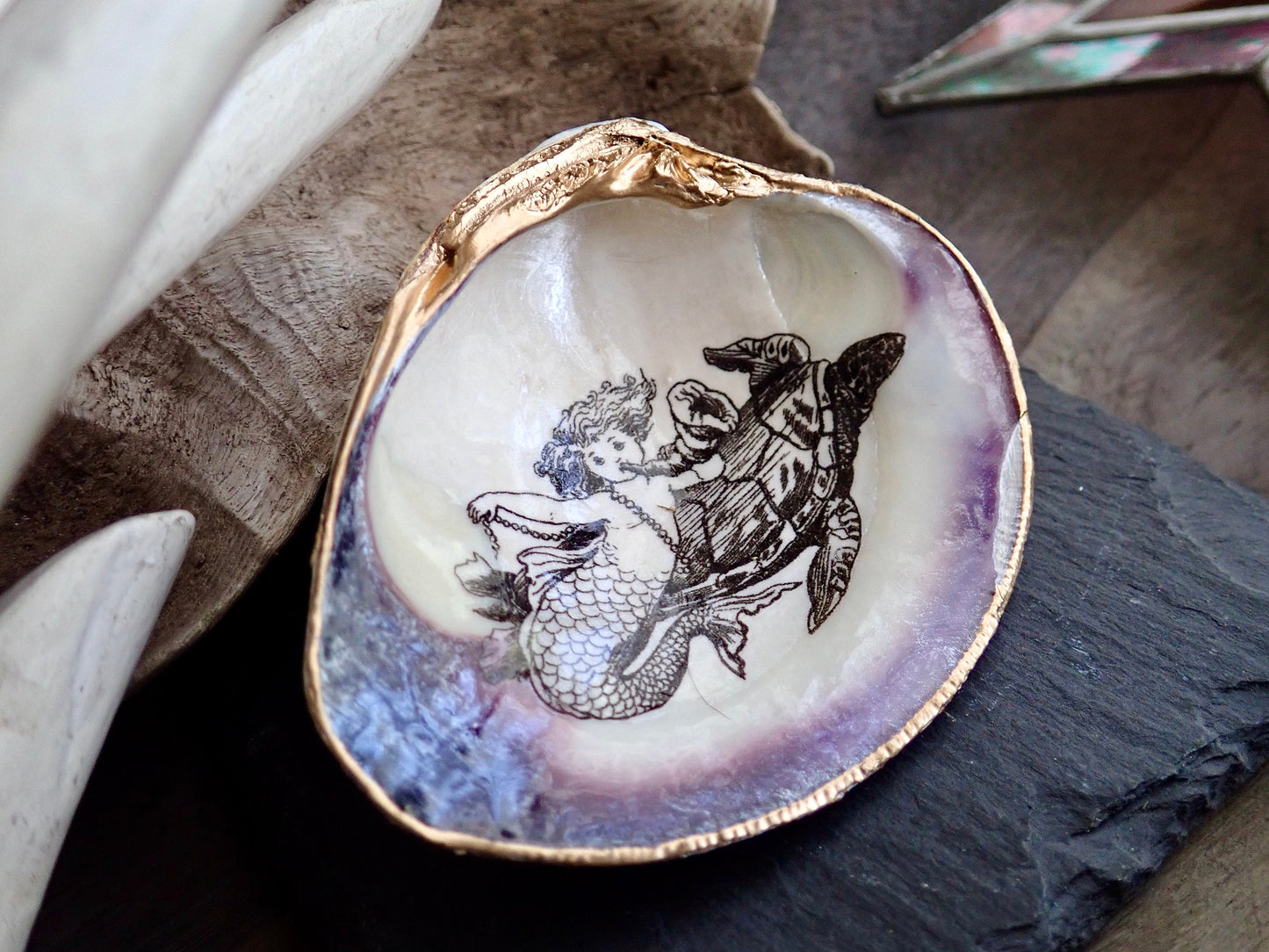 Little Mermaid Decoupage Clam Shell Trinket Dish