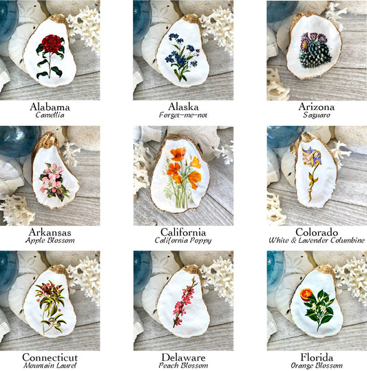 Decoupage Oyster Shell Ring Dish – State Flower Art Coastal Jewelry Holder, Hostess Gift