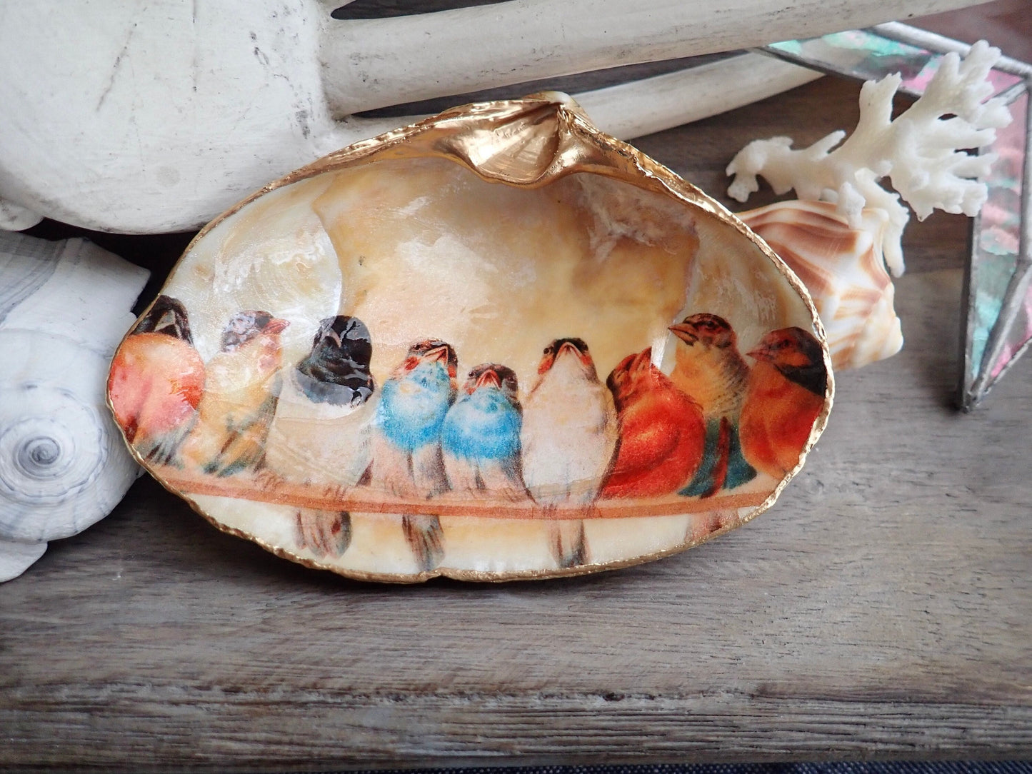 Decoupage Clam Shell Trinket Dish Bird Lover Art