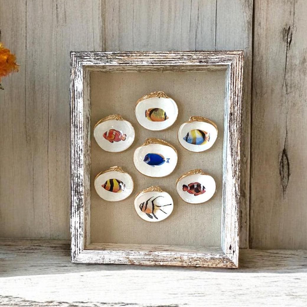 Coastal Wall Art Framed Decoupage Clam Shell – Tropical Fish Art Shadowbox, Beach House Decor