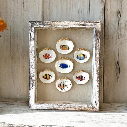 Coastal Wall Art Framed Decoupage Clam Shell  – Tropical Fish Art Shadowbox, Beach House Decor