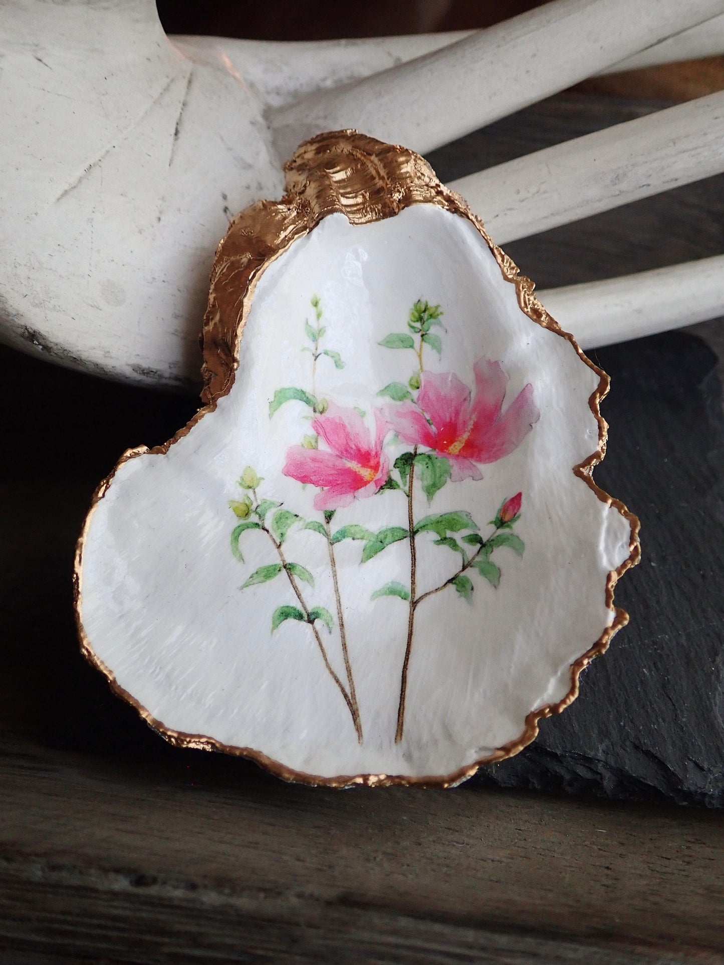 Decoupage Oyster Shell Trinket Dish – Hibiscus Flower Art