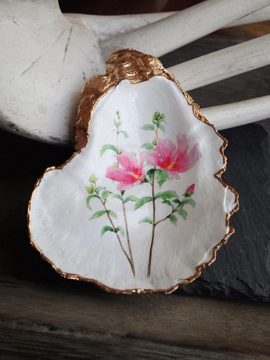 Decoupage Oyster Shell Trinket Dish – Hibiscus Flower Art