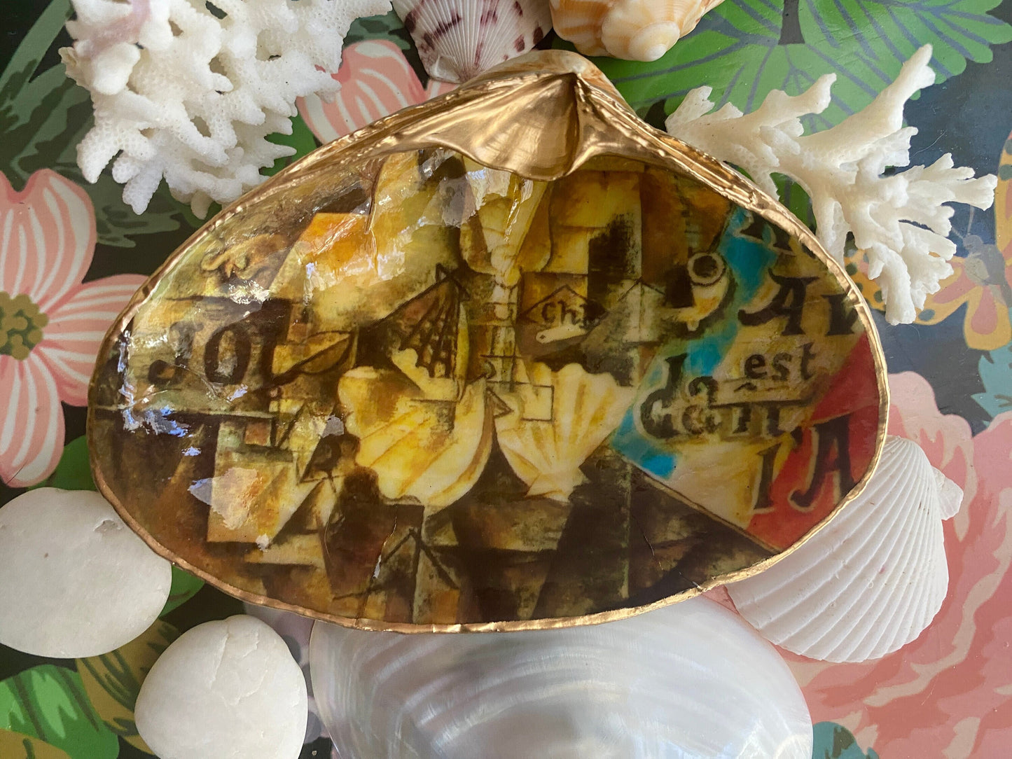 Decoupage Shell Ring Dish – Picasso Art, Coastal Housewarming Gift