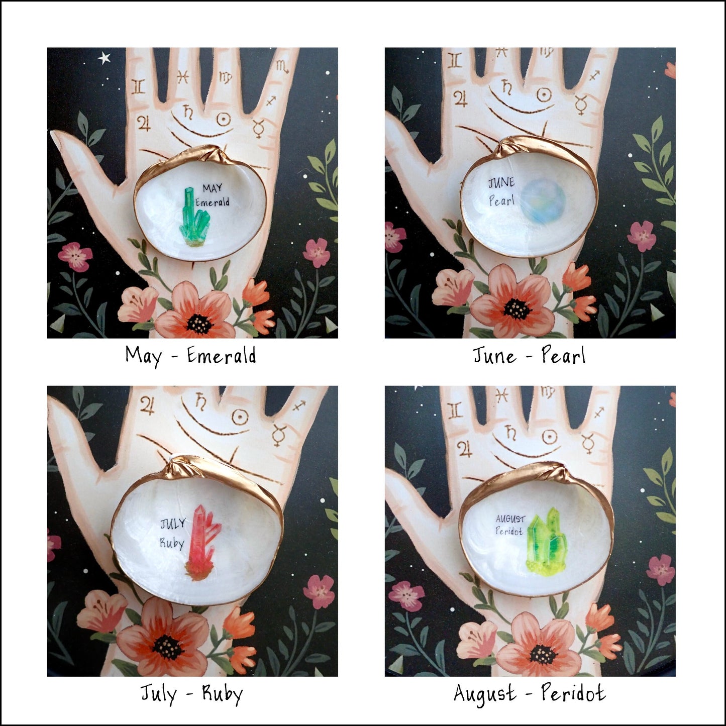 Decoupage Birthstone Clam Shell Ring Dish – Hand-Painted Jewelry Holder, Coastal Decor