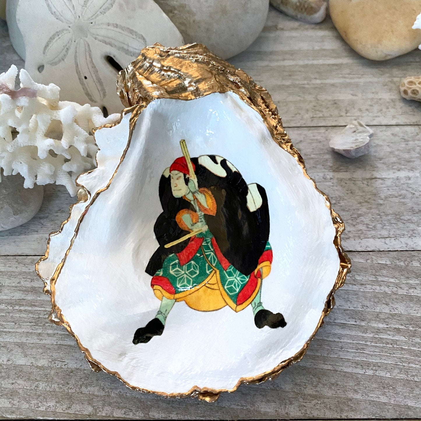 Decoupage Oyster Shell Trinket Dish Samurai Art