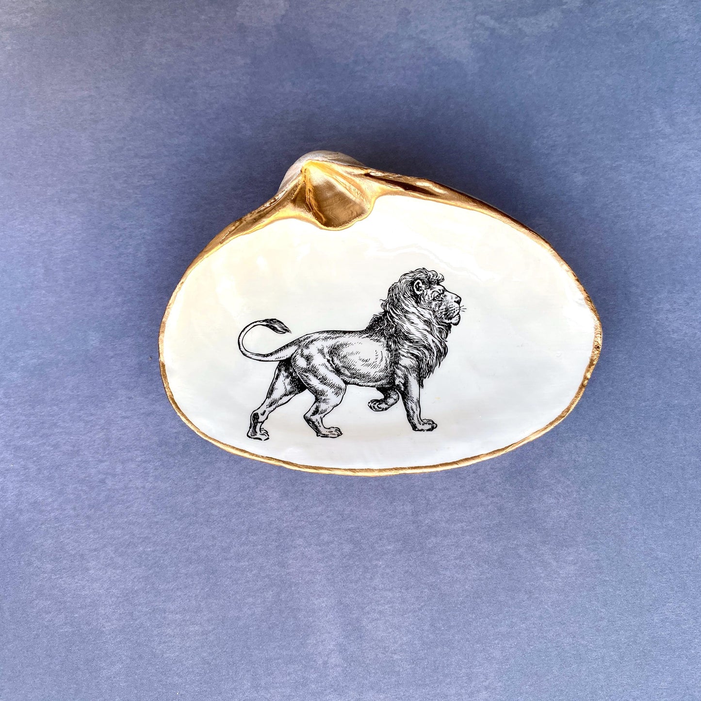 Decoupage Clam Shell Jewelry Dish – Lion Lover Gift, Coastal Decor
