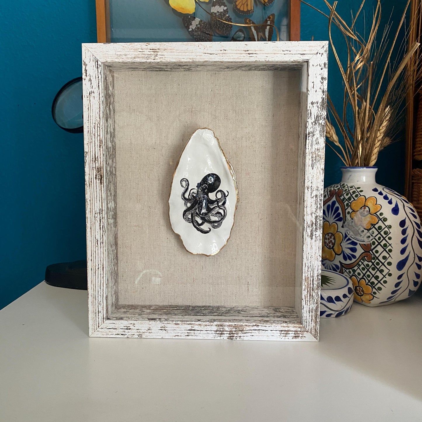 Decoupage Octopus Oyster Shell Shadow Box – Hand-Crafted Coastal Wall Hanging, Nautical Gift