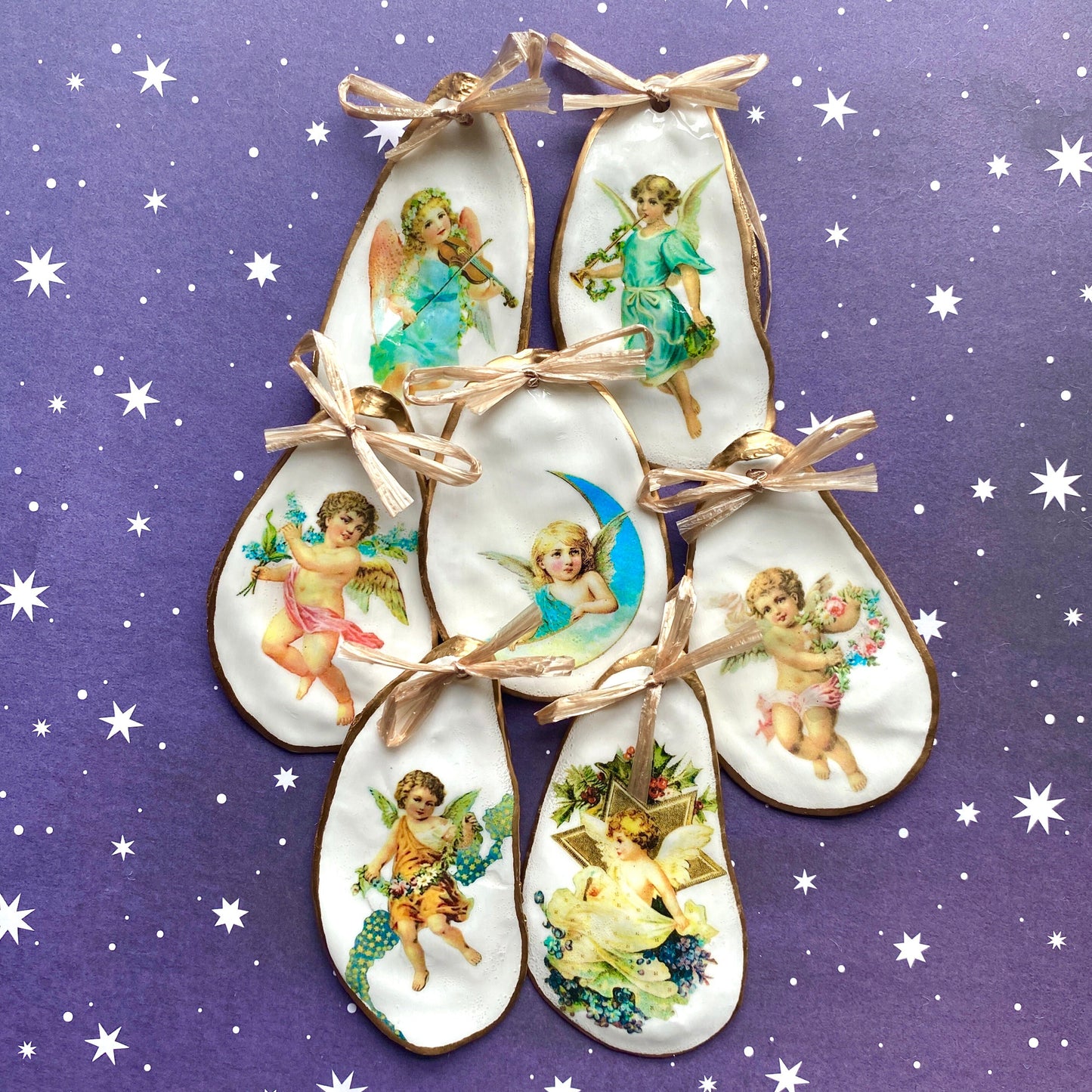 Holiday Angels Decoupage Oyster Shell Ornaments