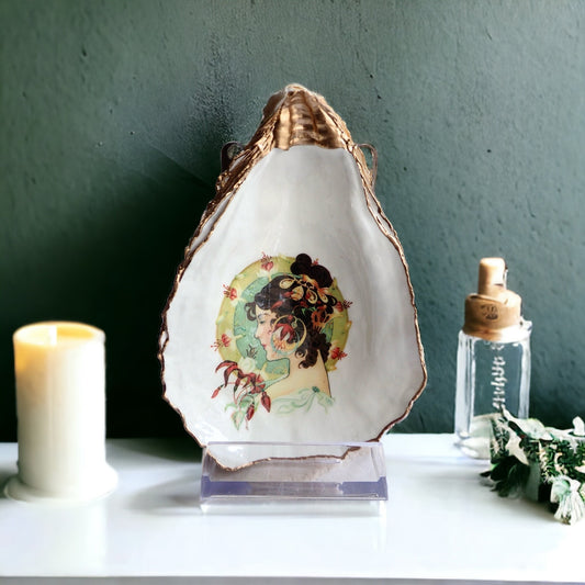 Decoupage Oyster Shell Ring Dish – Art Nouveau Coastal Home Decor
