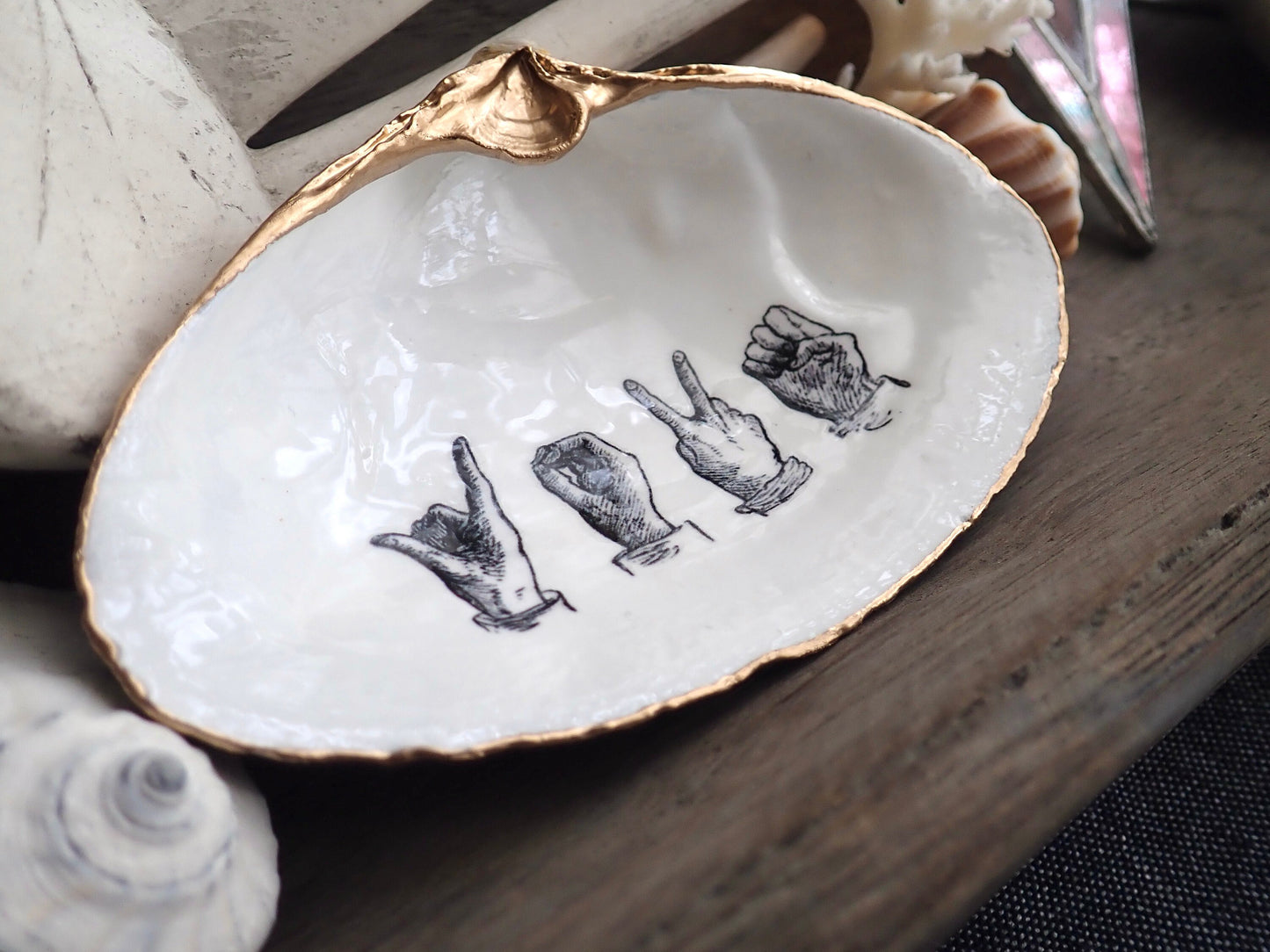 American Sign Language "Love" Decoupage Clam Shell Trinket Dish