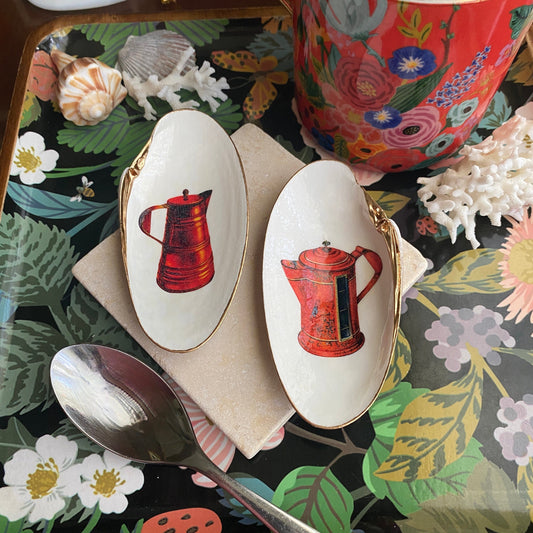 Decoupage Clam Shell Spoon Rest Pair – Vintage Coffee & Tea Illustration
