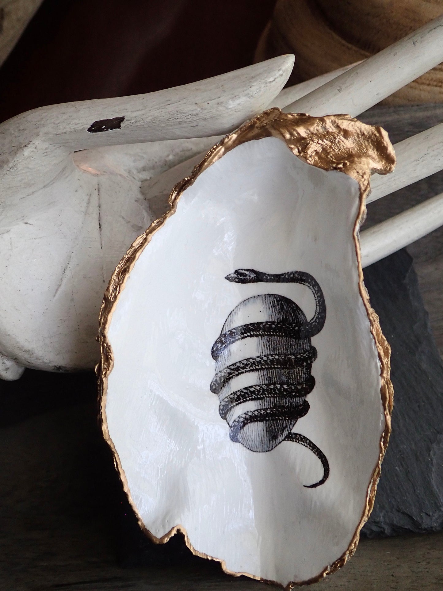 Decoupage Orphic Egg Oyster Shell Ring Dish – Handcrafted Esoteric Art, Greek Mythology Gift