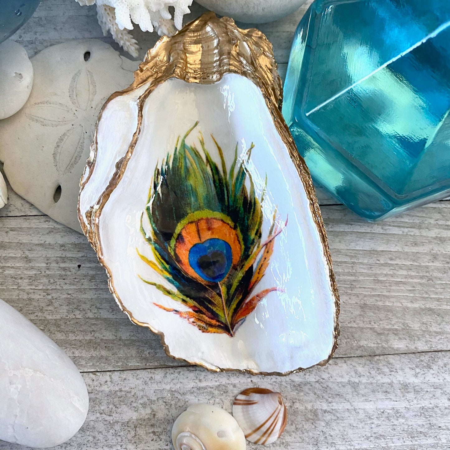 Decoupage Oyster Shell Jewelry Dish, Feather Design, Beach House Decor Accent