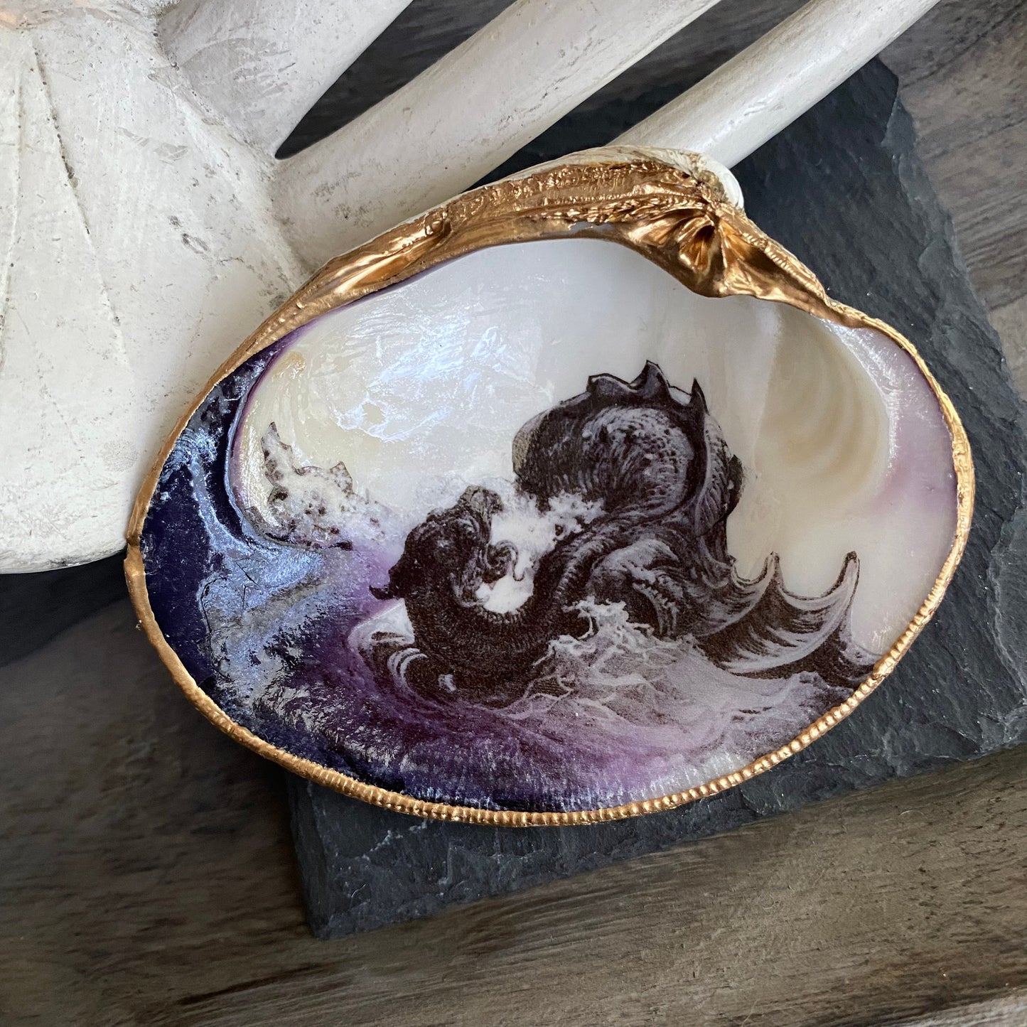 Decoupage Clam Shell Jewelry Dish – Mythological Sea Monster Art