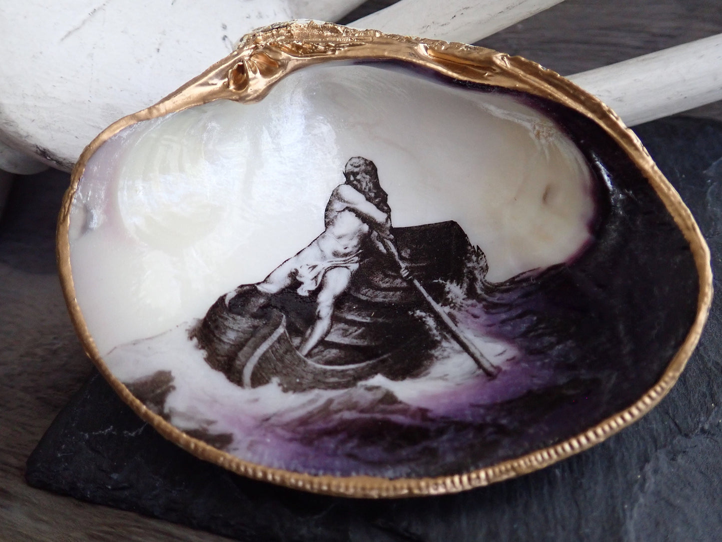 Decoupage Clam Shell Ring Dish – Charon Ferryman Design, Mythological Gothic Art