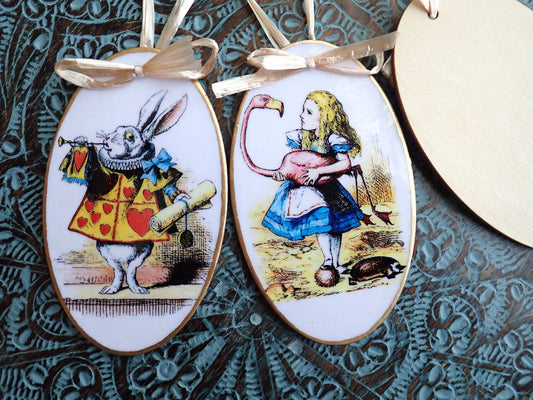 Hand-Colored Decoupage Ornament – Alice in Wonderland Lover Gift, Holiday Decor