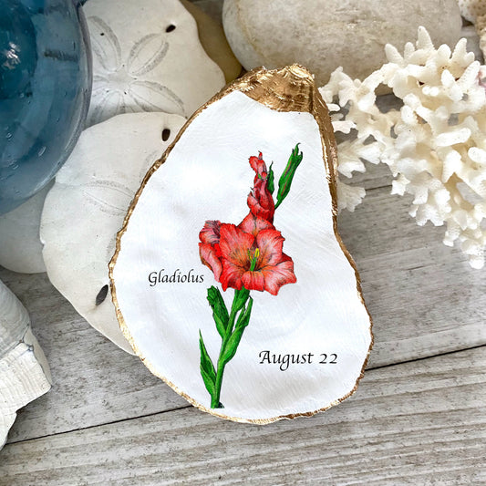 Decoupage Birth Flower Oyster Shell Ring Dish – Personalized Coastal Jewelry Holder, Birthday Gift