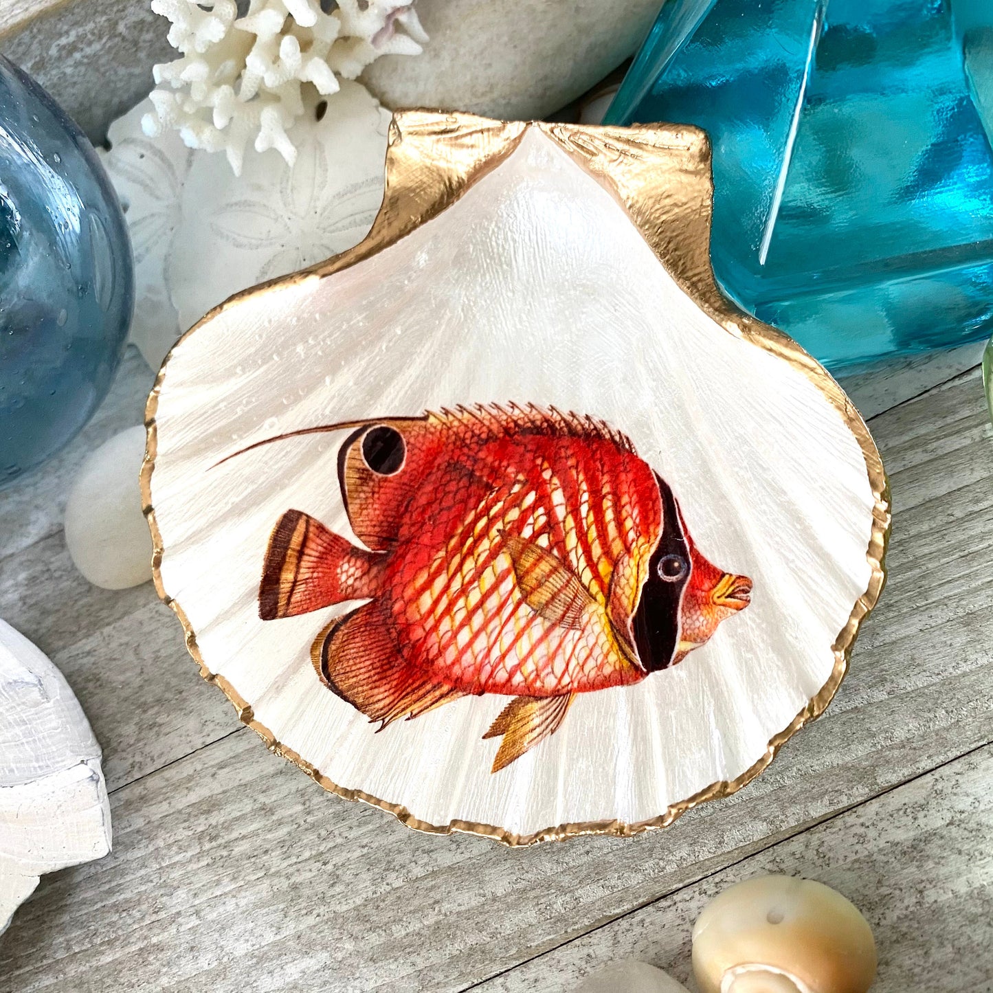 Decoupage Scallop Shell Trinket Dish Tropical Fish Art