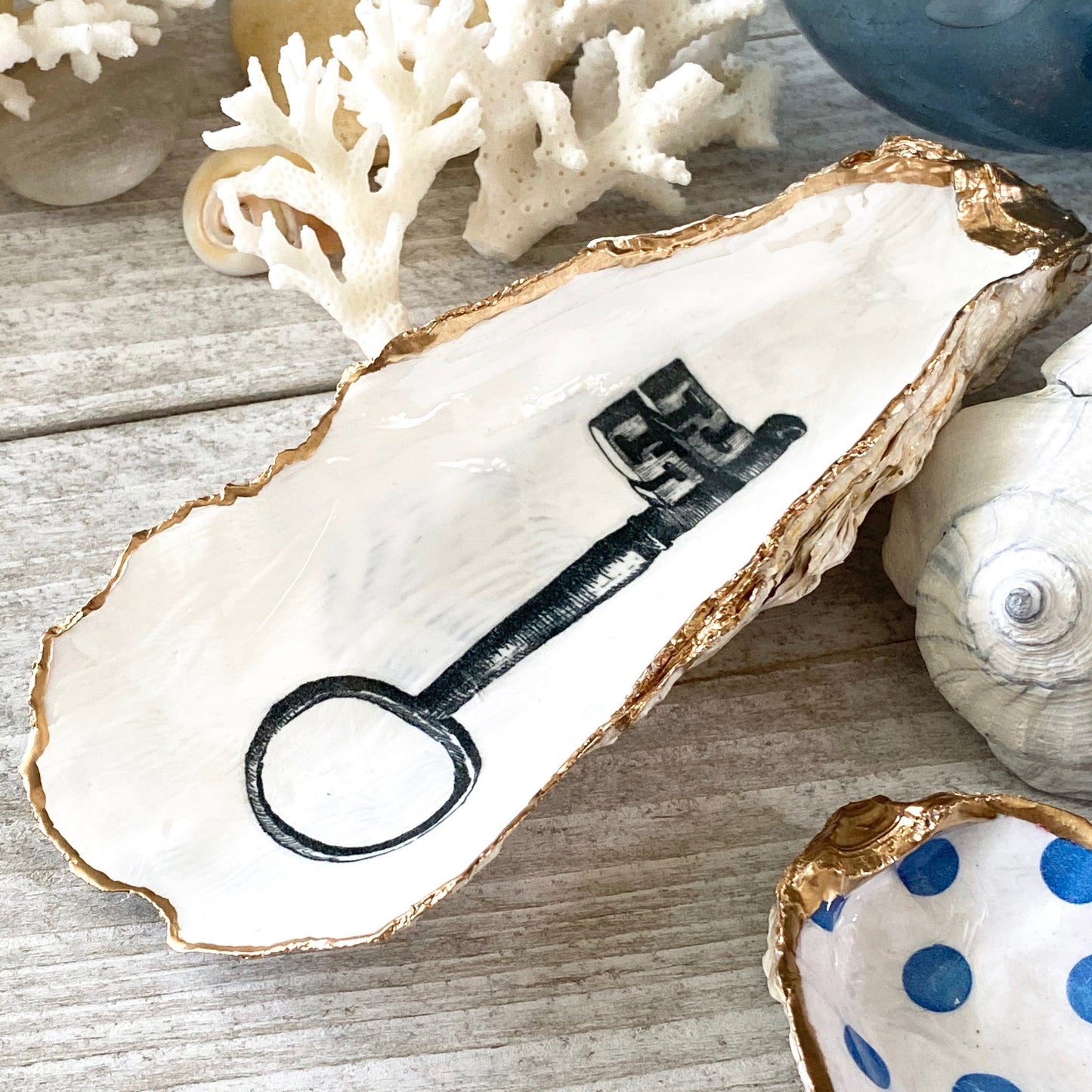 Decoupage Oyster Shell Jewelry Dish – Vintage Skeleton Key, Beach House Accent