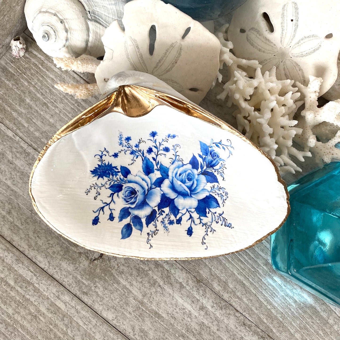 Decoupage Chinoiserie Clam Shell Ring Dish – Blue & White Jewelry Holder, Coastal Decor