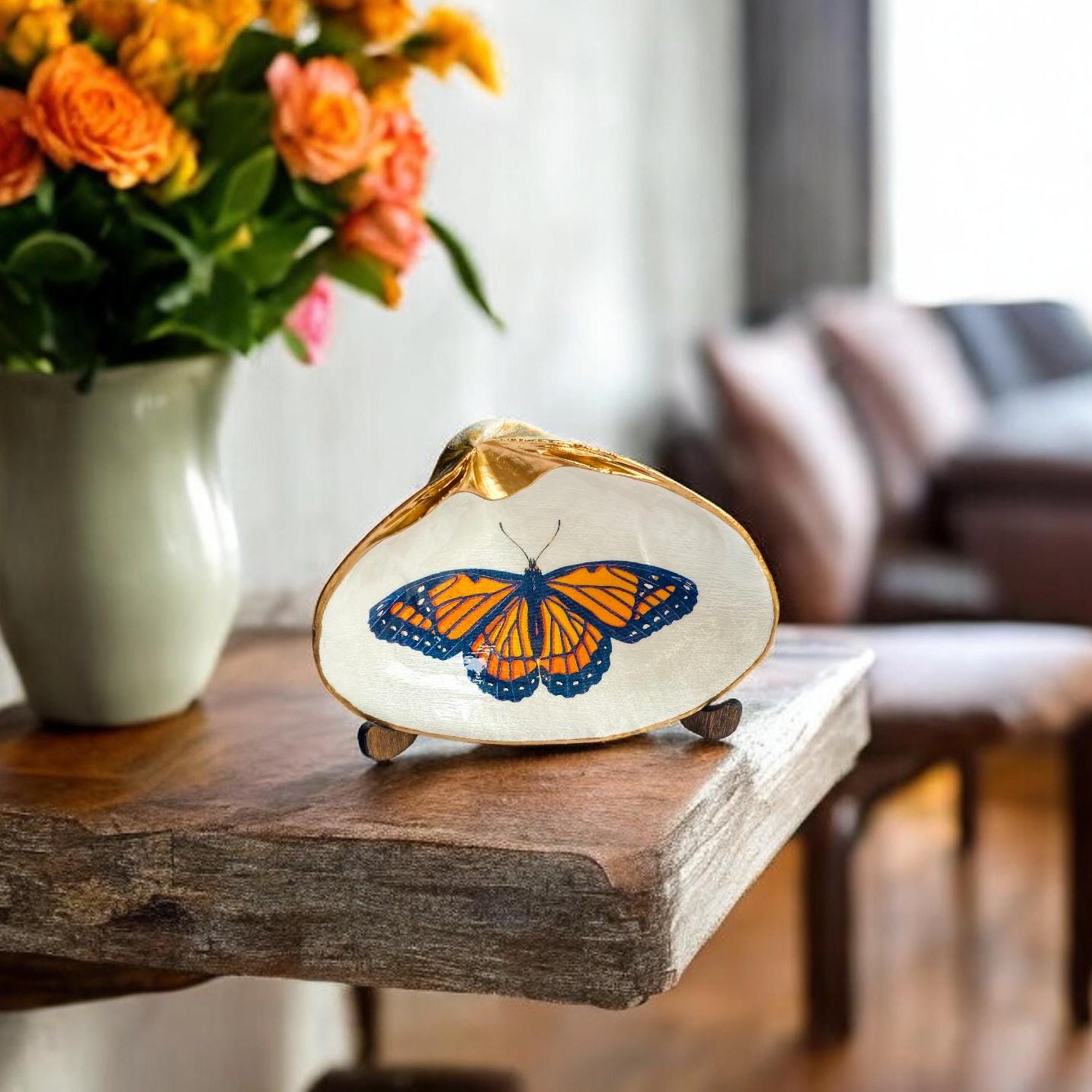 Decoupage Clam Shell Trinket Dish Monarch Butterfly Art