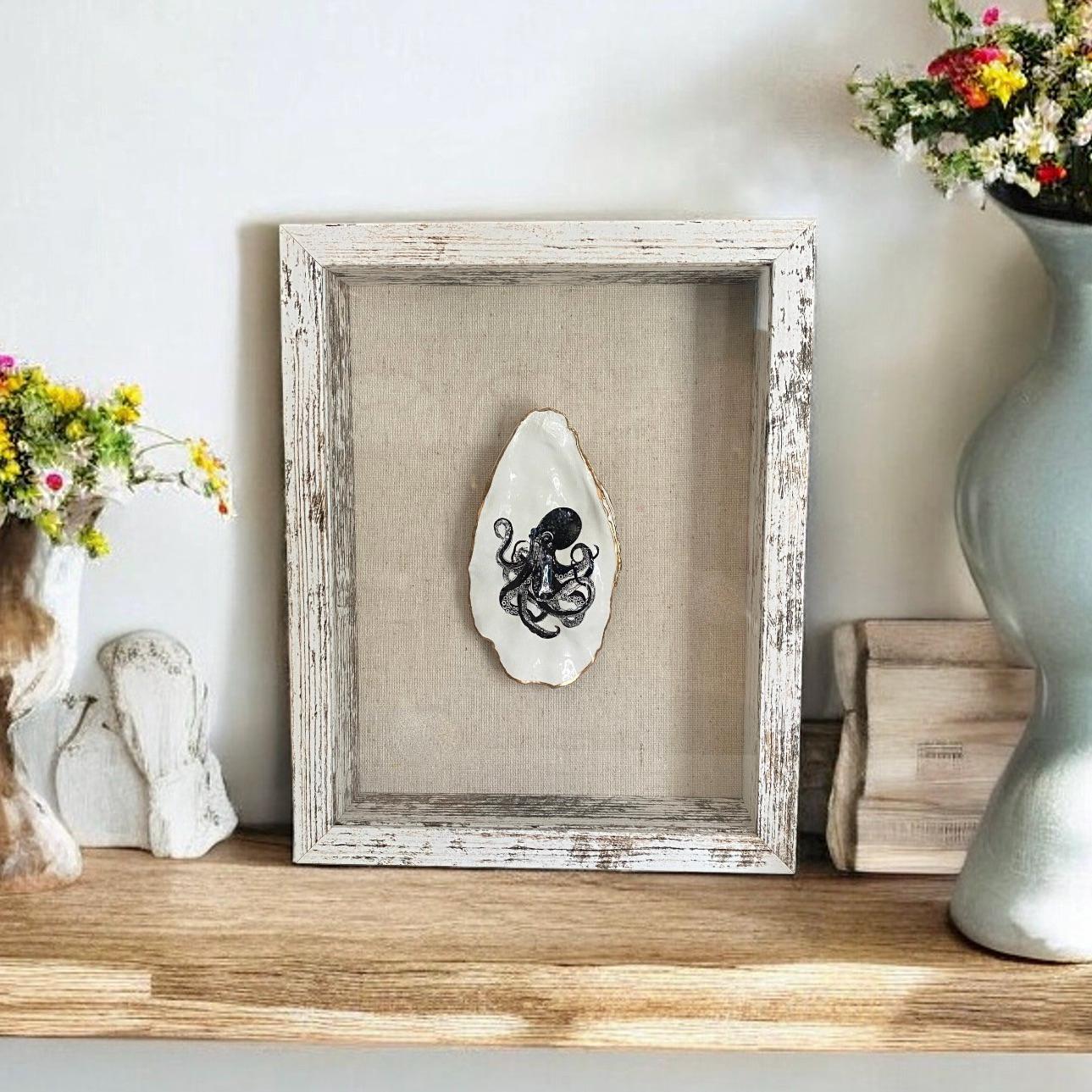 Decoupage Octopus Oyster Shell Shadow Box – Hand-Crafted Coastal Wall Hanging, Nautical Gift