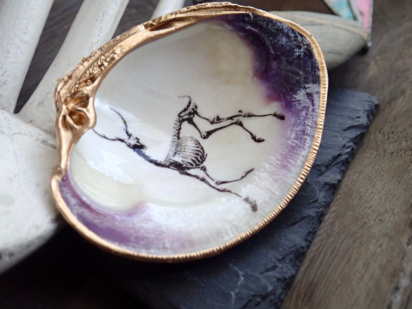 Decoupage Clam Shell Ring Dish – Gothic Skeleton, Esoteric Art Gift