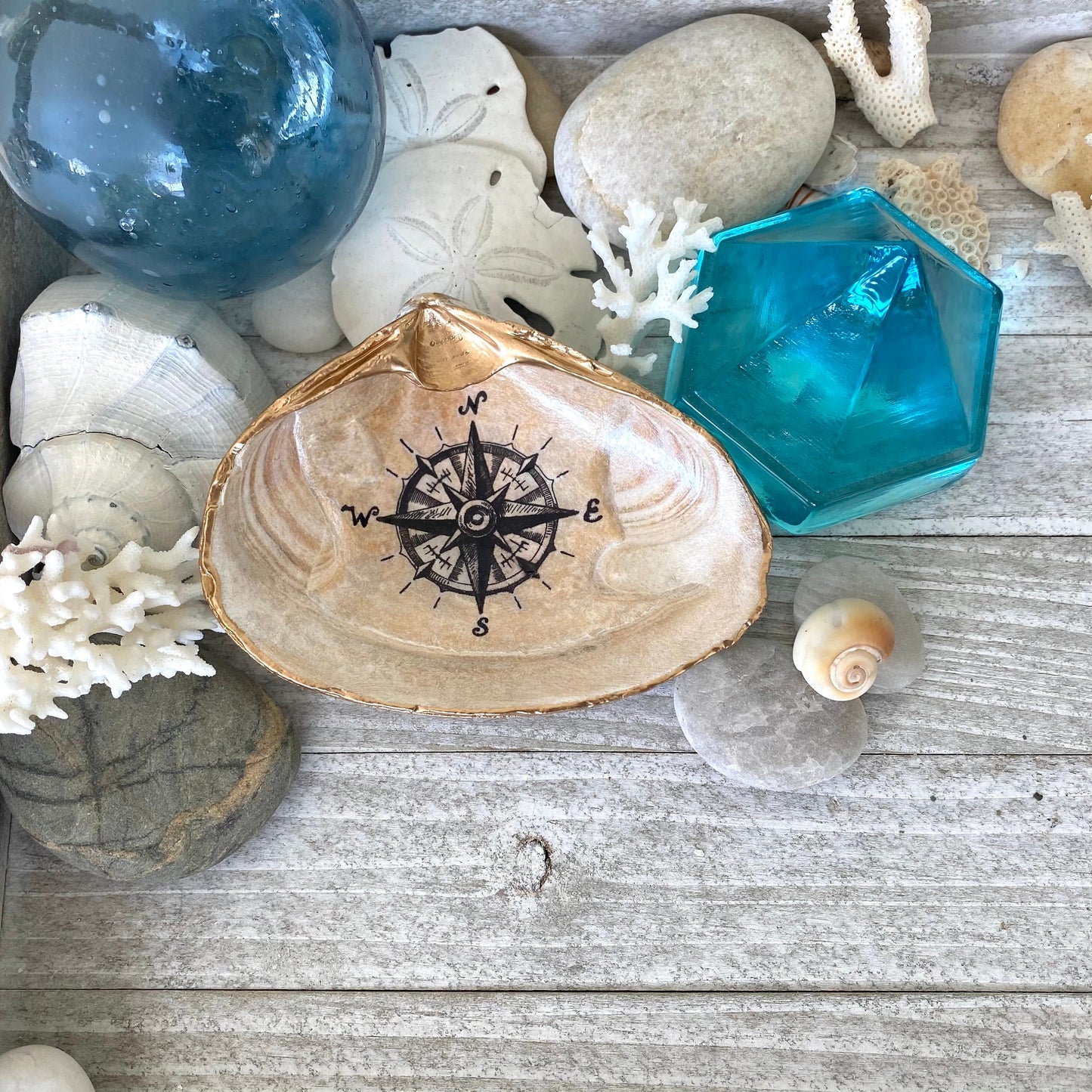 Decoupage Clam Shell Nautical Compass Art Trinket Dish