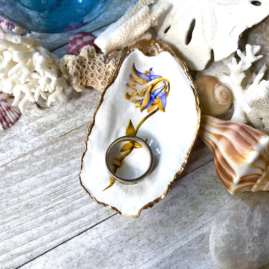 Decoupage Oyster Shell Trinket Dish Columbine Flower Art
