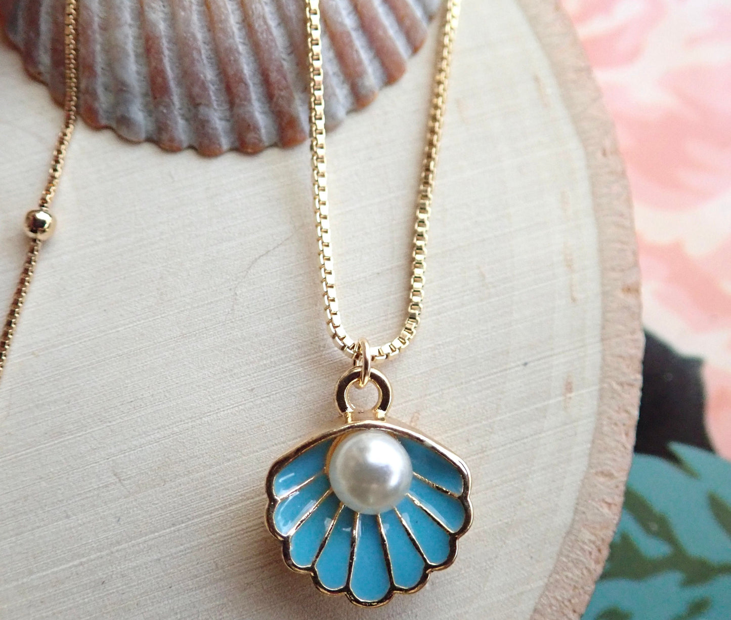 Gold Shell Charm Necklace – Dainty Pearl Seashell Pendant, Mermaid Jewelry