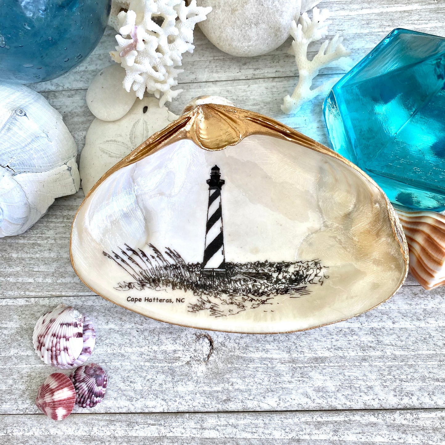 Decoupage Clam Shell Trinket Dish Cape Hatteras Lighthouse Art