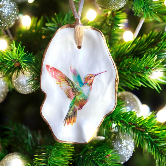 Holiday Ornament Decoupage Hummingbird Oyster Shell