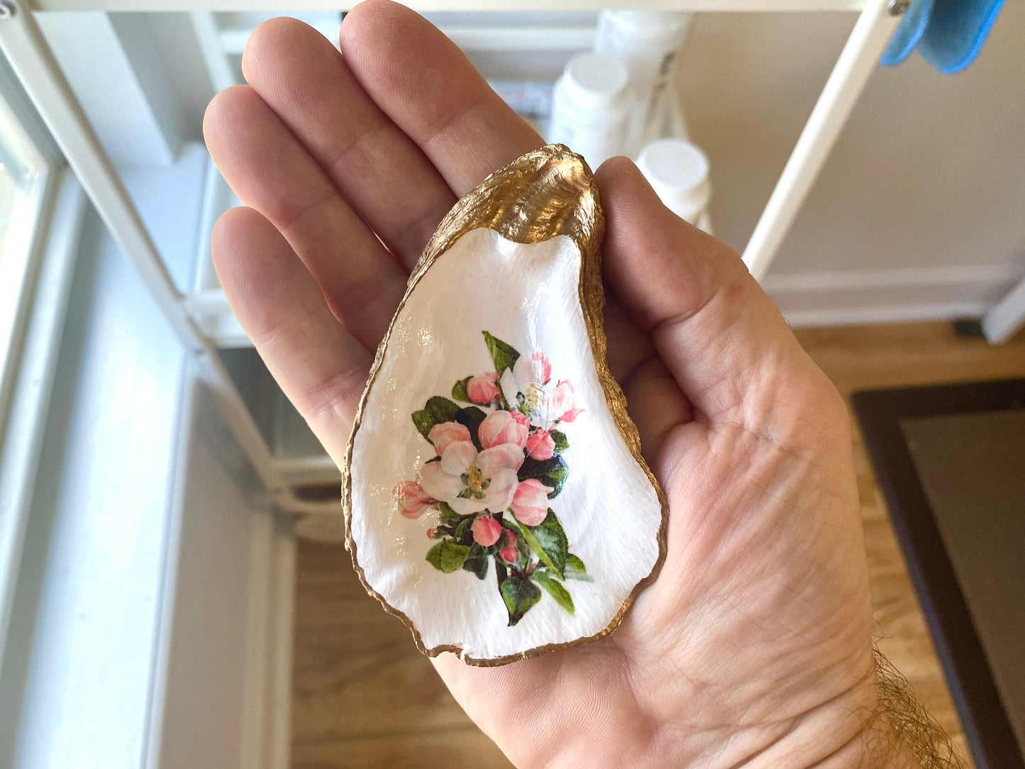 Decoupage Oyster Shell Trinket Dish – Apple Blossom Floral Art