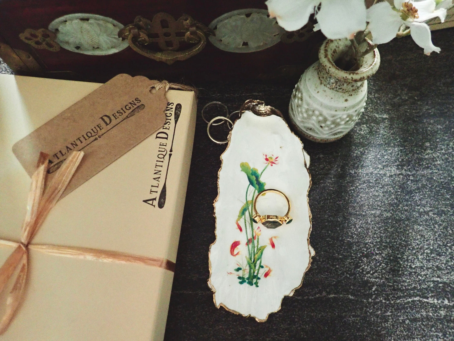 Water Lily Oyster Shell Trinket Dish – Hand-Painted Decoupage Art