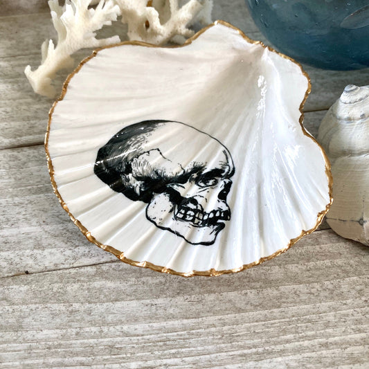 Decoupage Scallop Shell Trinket Dish Skull Art