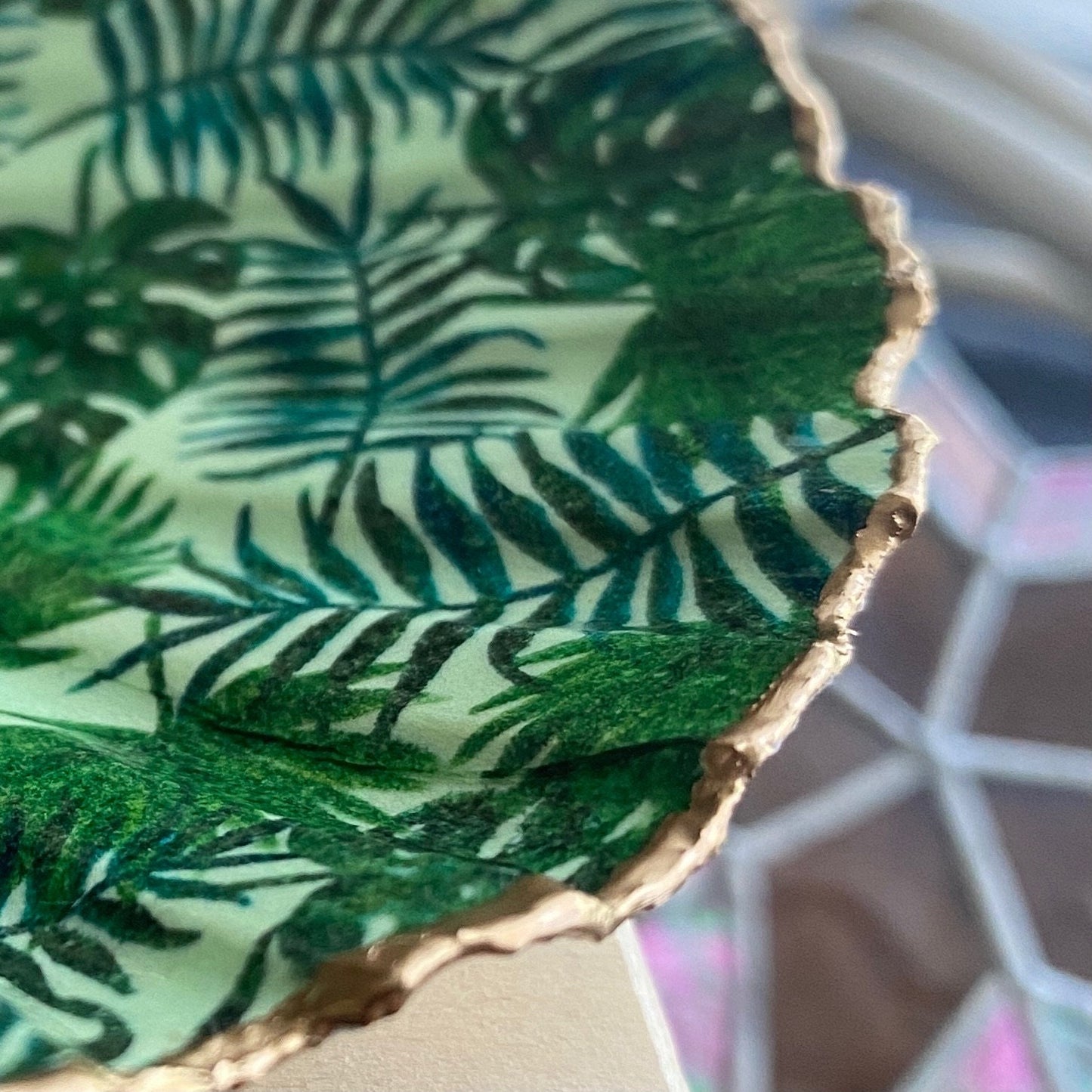 Decoupage Scallop Shell Trinket Dish Tropical Pattern