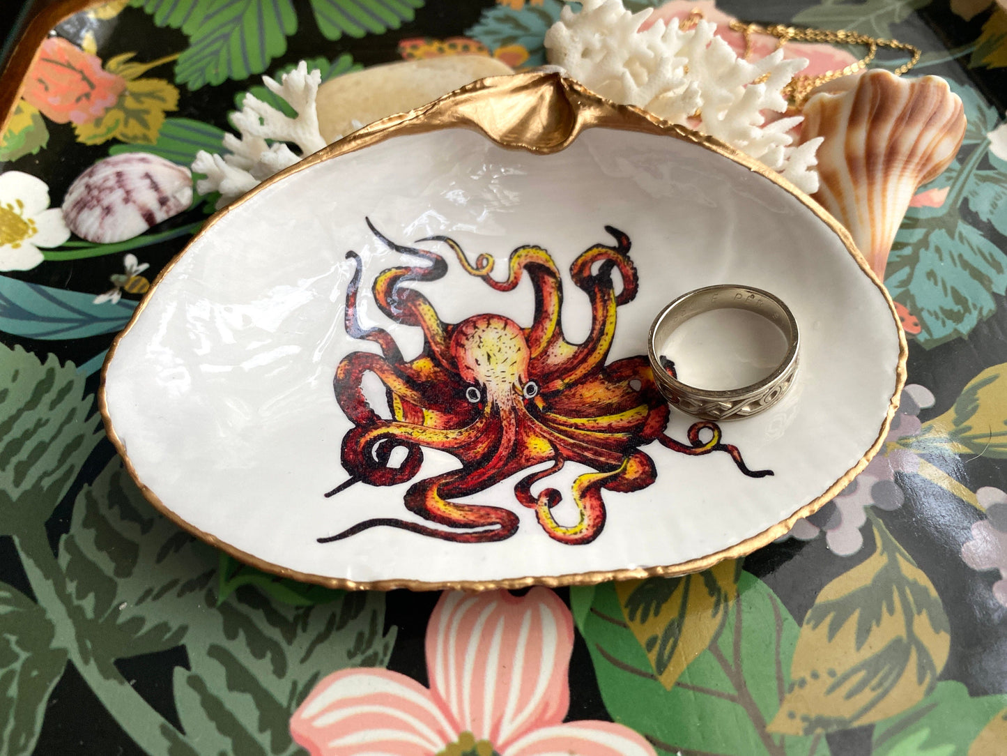 Hand-Colored Octopus Decoupage Clam Shell Trinket Dish