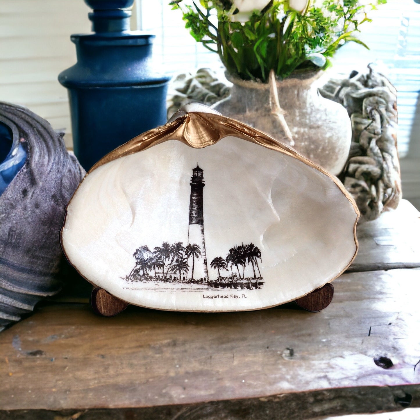 Decoupage Clam Shell Trinket Dish Dry Tortugas Lighthouse Art
