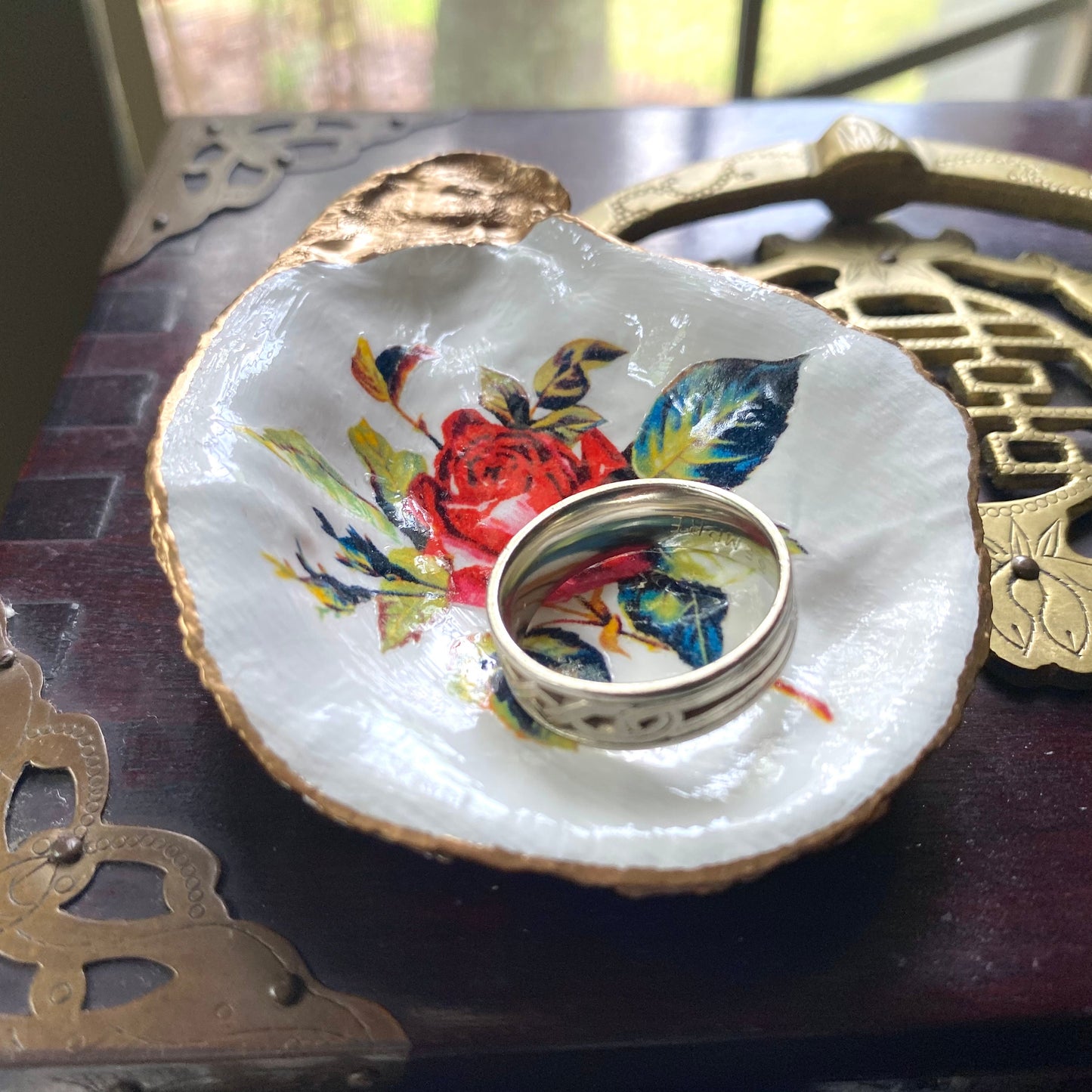 Decoupage Oyster Shell Trinket Dish – Rose Art