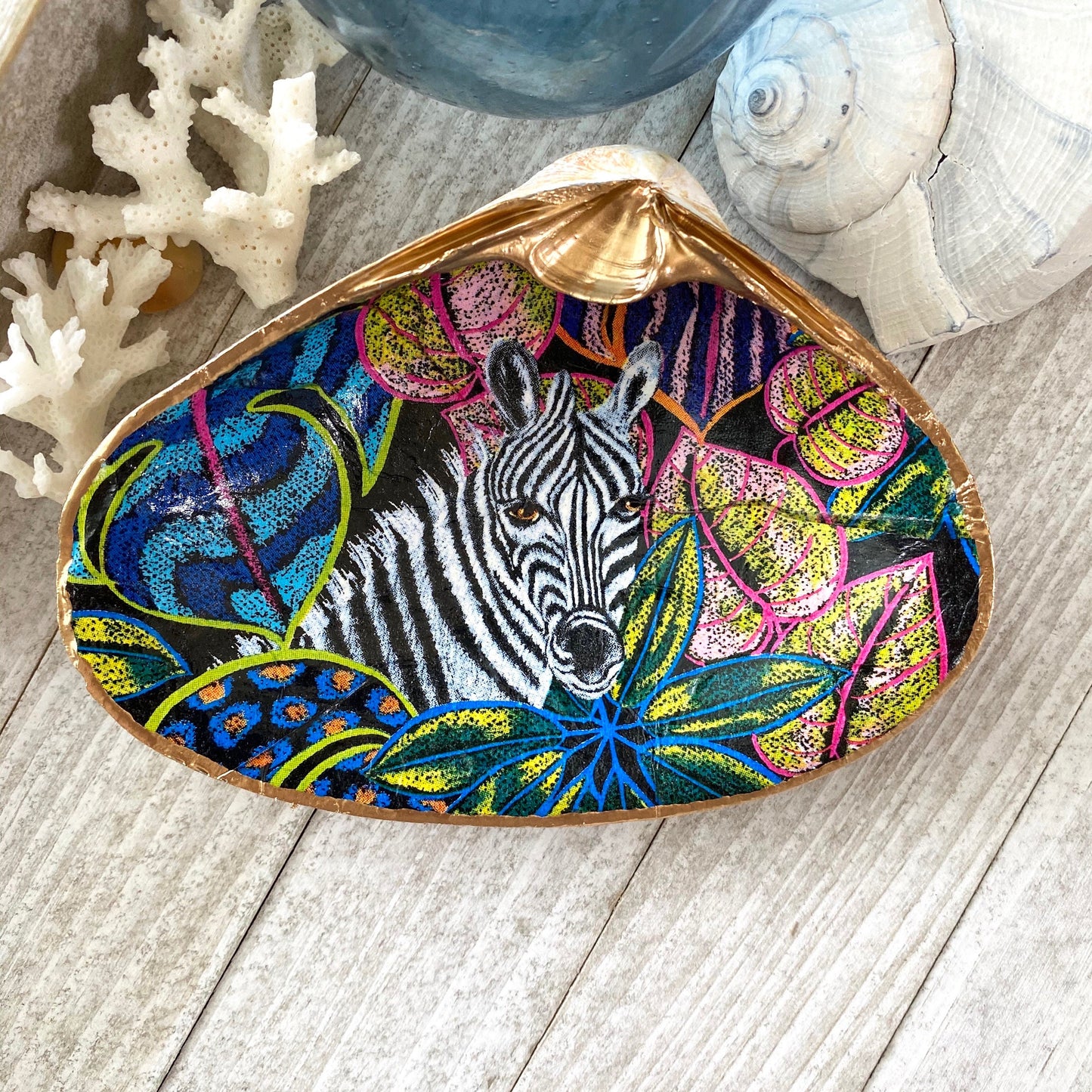 Decoupage Clam Shell Jewelry Dish – Tropical Zebra Design, Coastal Home Decor