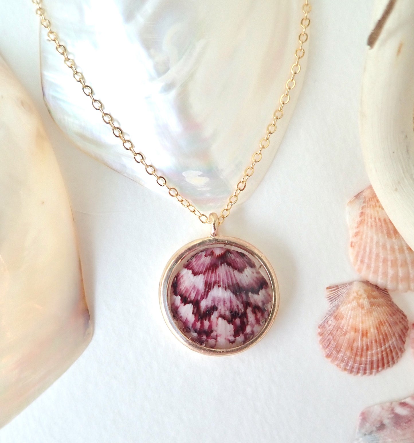 Hand-made Real Seashell Calico Scallop Shell Pendant Necklace