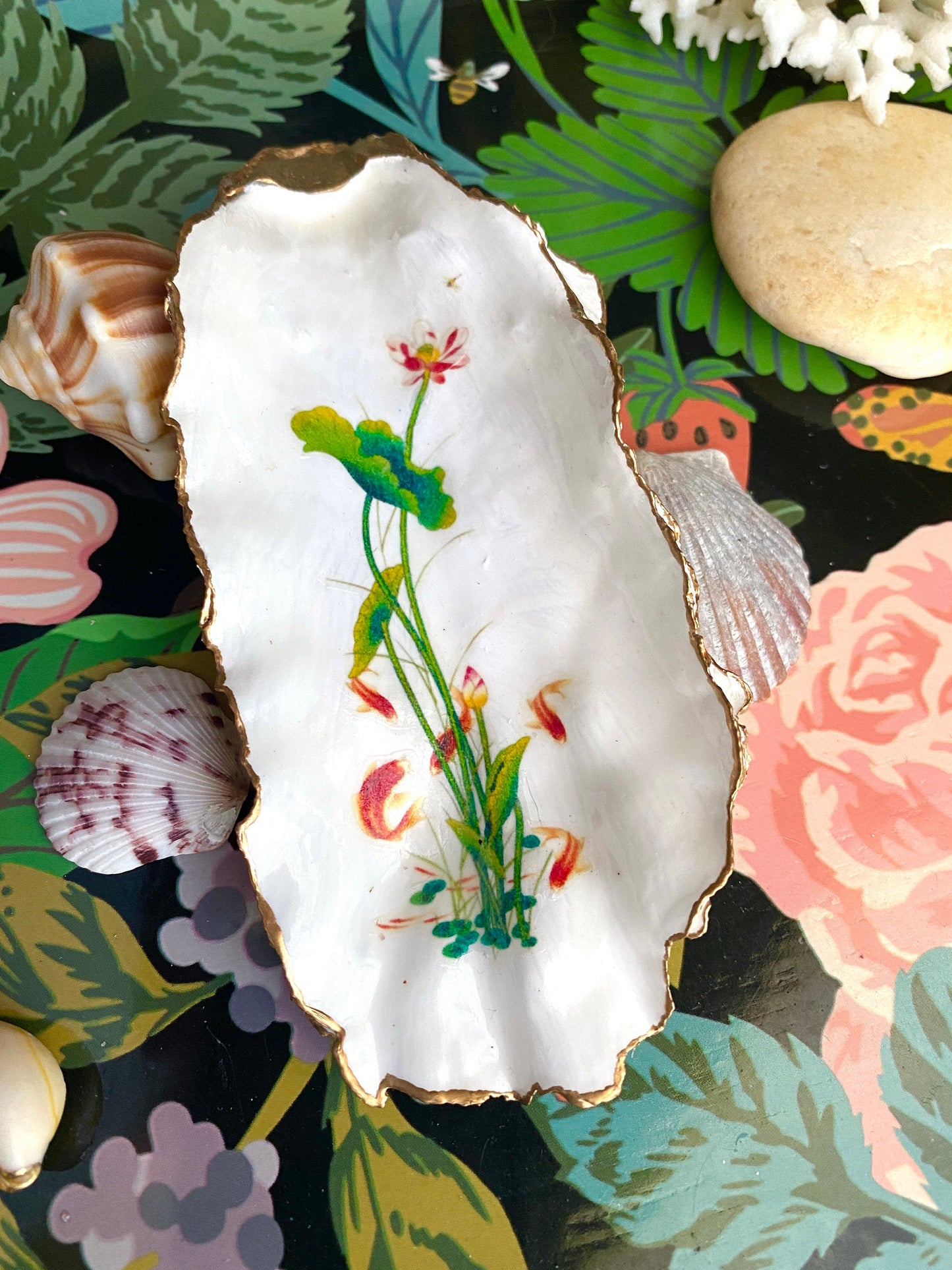 Water Lily Oyster Shell Trinket Dish – Hand-Painted Decoupage Art
