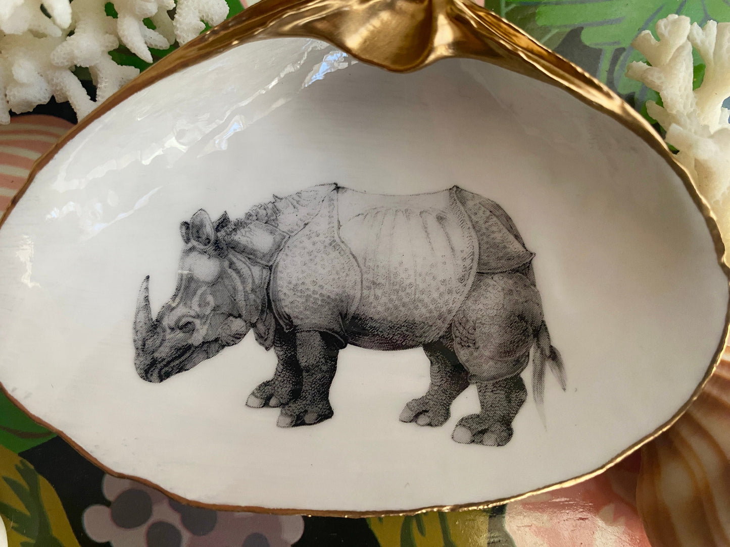 Rhinoceros Art Decoupage Clam Shell Ring Dish – Dürer-Inspired Nature Lover Gift