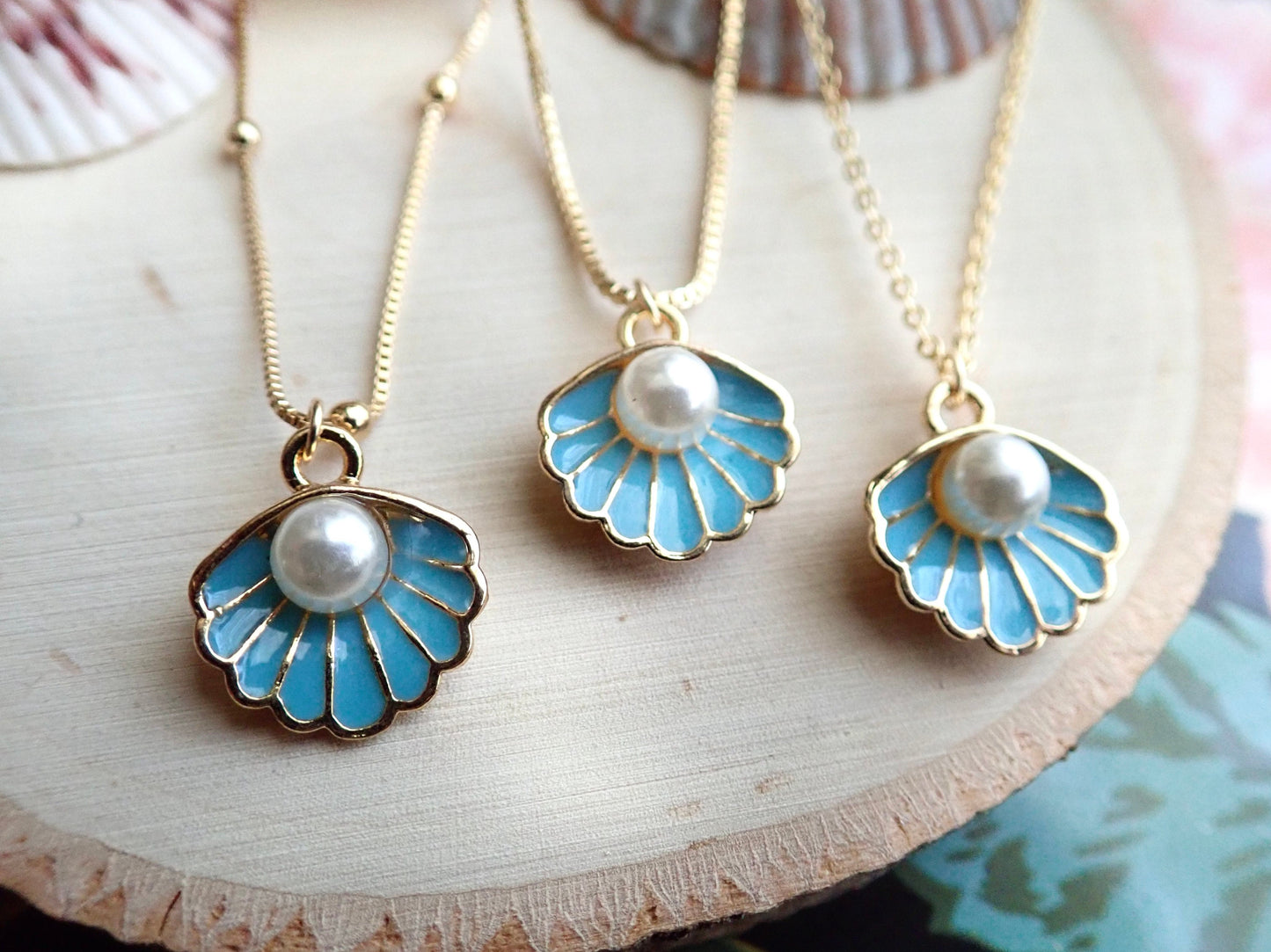 Gold Shell Charm Necklace – Dainty Pearl Seashell Pendant, Mermaid Jewelry